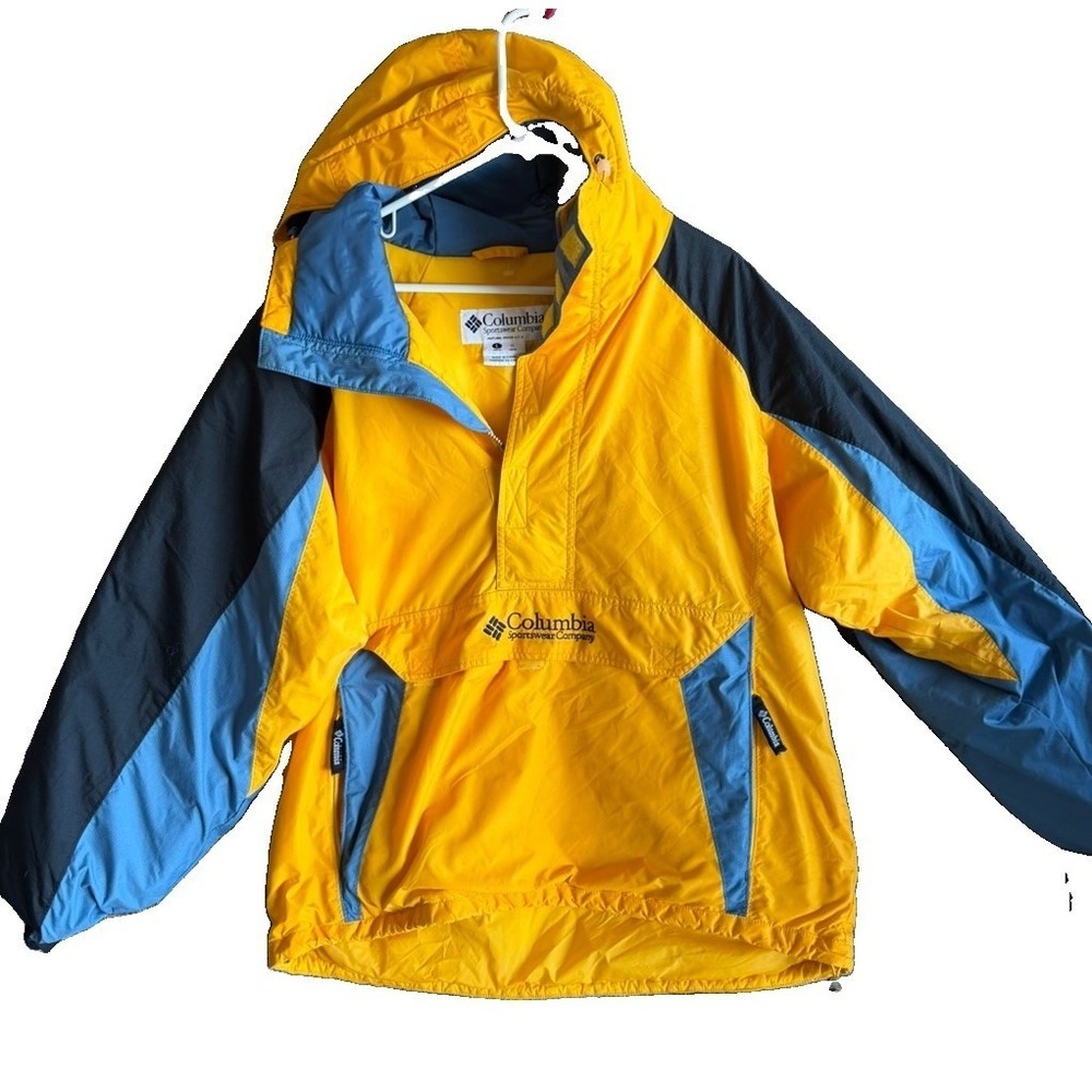Mens Anorak Jacket Columbia L Yellow Blue Vintage Colorblock Hooded Pullover